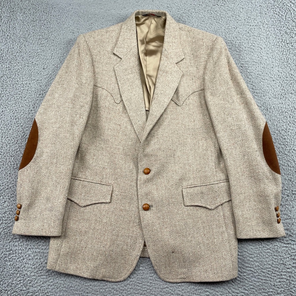 The Westerner Blazer Mens 42 Tan Tweed Sport Coat Western Yoke Elbow Patches